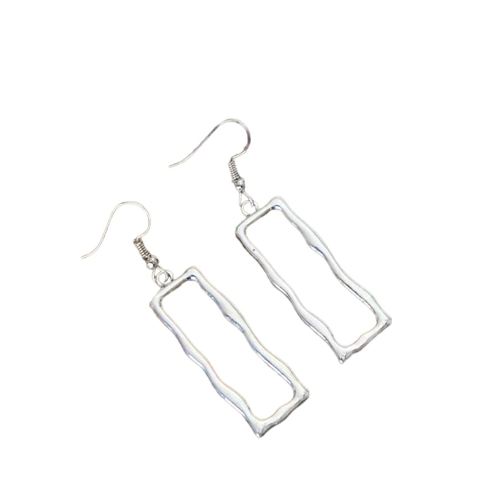Boho Hollow Cut Rectangular Hammered Silver Drop … - image 3